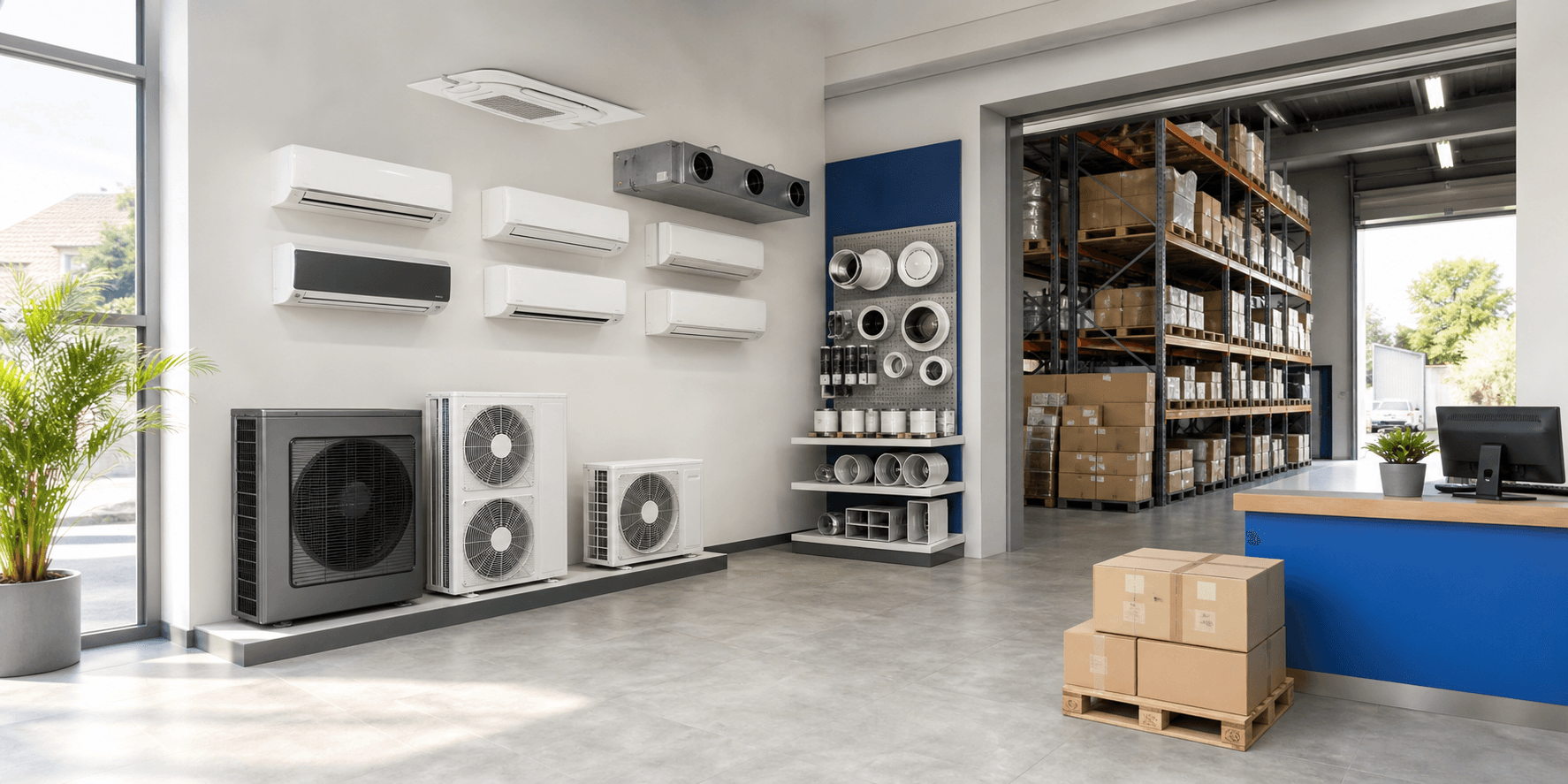 Moderný HVAC showroom s klimatizáciami